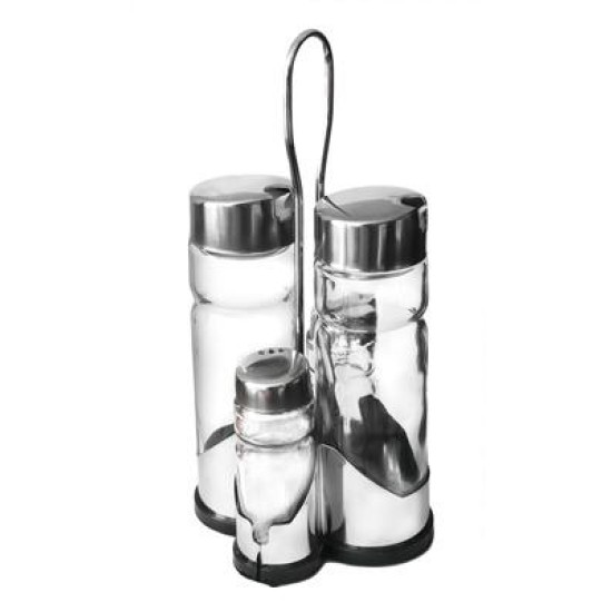 Стъклен оливерник от 5 части на стойка хром/пластмаса CONDIMENT SET (H3031) - Horecano