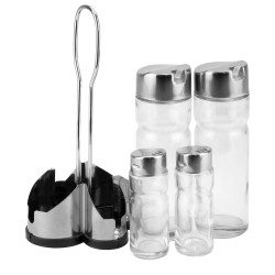 Стъклен оливерник от 5 части на стойка хром/пластмаса CONDIMENT SET (H3031) - Horecano