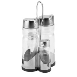 Стъклен оливерник от 5 части на стойка хром/пластмаса CONDIMENT SET (H3031) - Horecano
