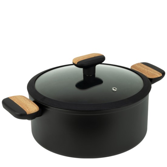 Алуминиева тенджера със стъклен капак и незалепващо покритие ф26x12см BLACK AND WOOD HOME-(DFC-SC16-26) - Horecano