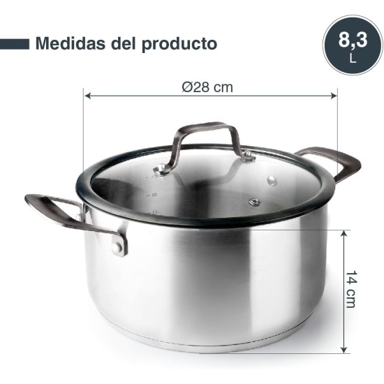 Иноксова тенджера със стъклен капак, ф28см, h14см, 8,3л, ORIGIN - Lacor