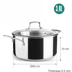 Иноксова тенджера със стъклен капак, 18/10, ф20см, h10см, 2,5мм, 3л, TriChef – Lacor