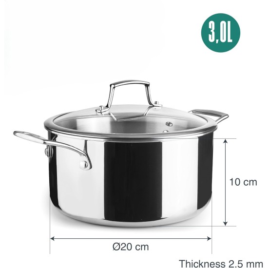 Иноксова тенджера със стъклен капак, 18/10, ф20см, h10см, 2,5мм, 3л, TriChef – Lacor