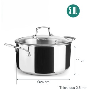 Иноксова тенджера със стъклен капак, 18/10, ф24см, h11см, 2,5мм, 5л, TriChef – Lacor