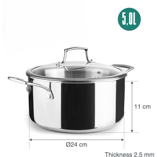 Иноксова тенджера със стъклен капак, 18/10, ф24см, h11см, 2,5мм, 5л, TriChef – Lacor