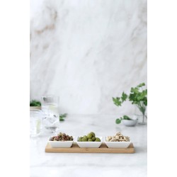Бамбуков плато/поднос с 3 порцеланови квадратни купички, 28x10x1см(плато), 8,5x8,5x3см(купички), 100мл, Basic – Lacor