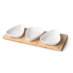 Бамбуков плато/поднос с 3 порцеланови триъгълни купички, 28x10x1см(плато), 9,5x8,5x3см(купички), 90мл, Basic – Lacor