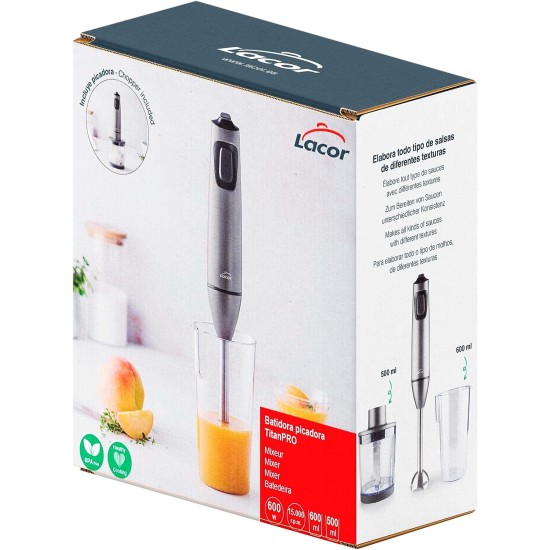 Електрически пасатор с кана и чопър, 220-240V, 50/60Hz, 600W, 15.000 r.p.m., 600мл / 500мл, 8,5 x6,28x39,7см, TitanPro – Lacor
