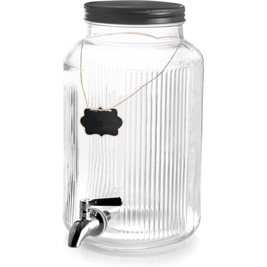 Стъклен диспенсър / буркан с иноксова канелка и табелка за надписване, оребрен, ф18см, h30,5см, 5,5л, кръгъл – Lacor