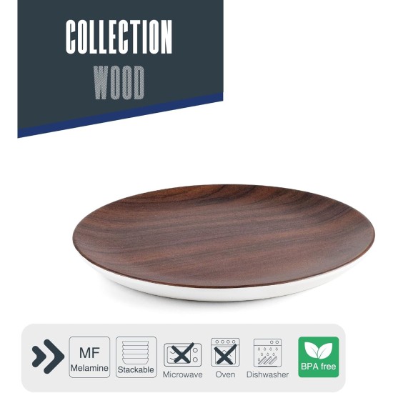 Меламинова чиния, кръгла, ф15см, h1,5см, дървесно/бяло, стакабъл, WOOD – Lacor