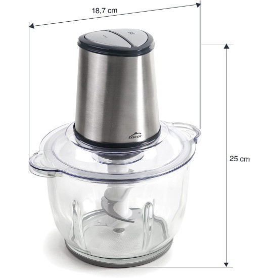 Електрически чопър с 4 остриета, инокс/стъкло, 2 скорости, 220-240V, 50/60Hz, 300W, 1,2л, 18,7x16x25см, 1,6кг, QUARTZ – Lacor
