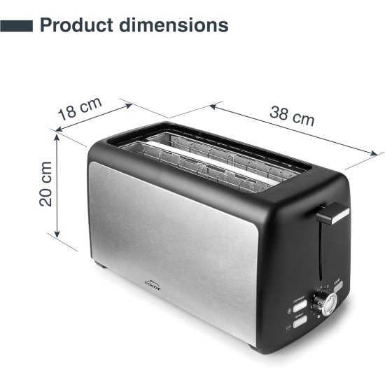 Електрически тостер с два слота и 7 нива на препичане, 220-240V, 50/60Hz, 1500W, 39x15,2x20,5см, 2,4кг, LONG - Lacor