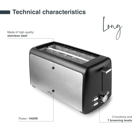 Електрически тостер с два слота и 7 нива на препичане, 220-240V, 50/60Hz, 1500W, 39x15,2x20,5см, 2,4кг, LONG - Lacor
