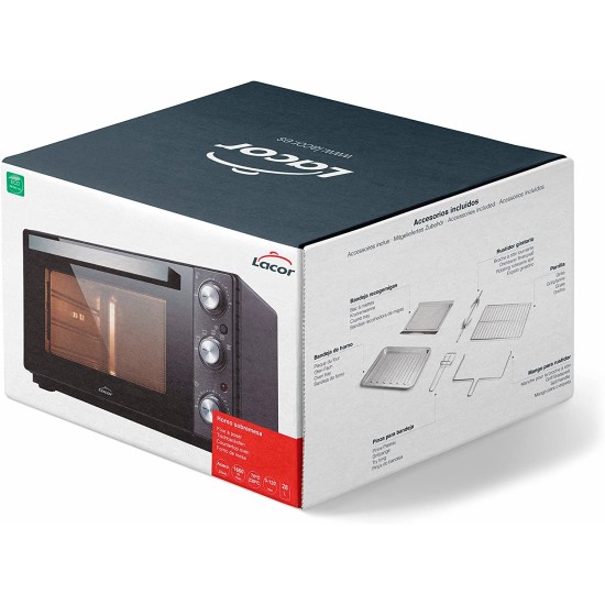 Електрическа фурна, 220-240V, 50/60Hz, 1650W, 70°C - 230°C, таймер: от 0 до 120мин,  28л, 48x30x40см, черна – Lacor