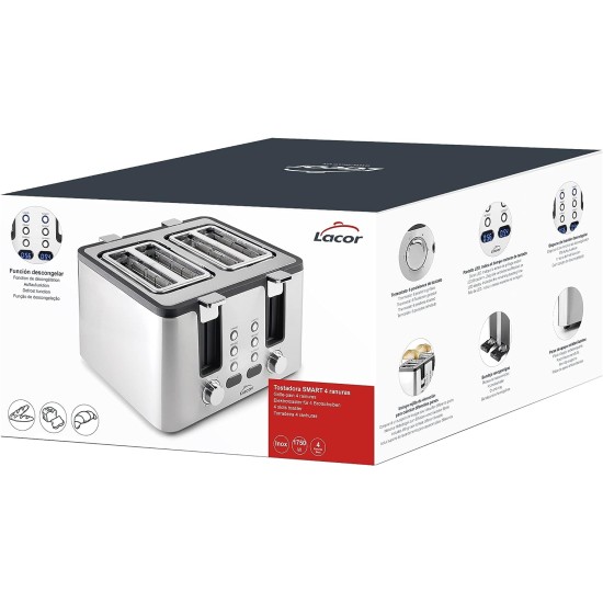 Електрически тостер с 4 слота, 220-240V, 50/60Hz, 1750W, 28,8x31,5x19см, 2,8кг, SMART - Lacor