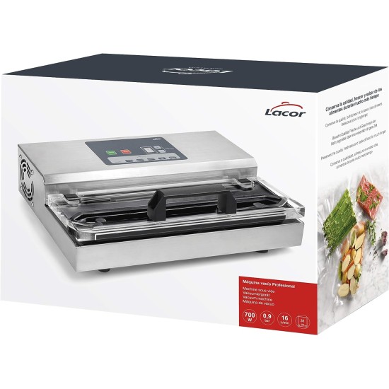 Професионален електрически уред за вакуумиране на храна, 20-240V, 50-60Hz, 700W, 0,9 bar, 16л/мин, 39x27,5x13см, 6,9кг - Lacor