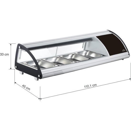 Електическа хладилна витрина, 220-240V, 50Hz, 4 x GN 1/3, 0°C - 12°C, R600a, 112,1x45x33см, 33кг, REFRIGERADA – Lacor