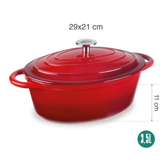 Чугунена касерола / тенджера с емайлирано покритие, овална, 3,5л, 29x21см, h11см, червена, RED AND OCEAN – Lacor