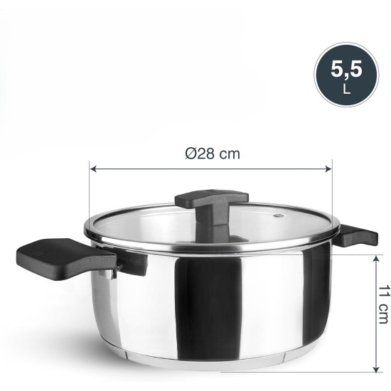 Иноксова тенджера със стъклен капак, ф28см, h11см, 5,5л, Caliza – Lacor