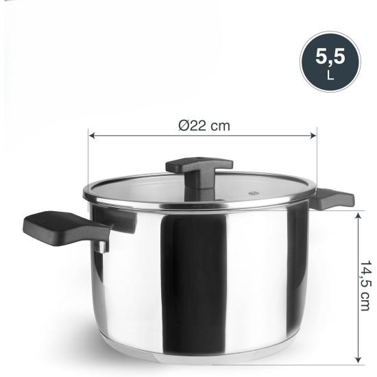 Иноксова тенджера със стъклен капак, ф22см, h14,5см, 5,5л, Caliza – Lacor