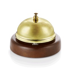 Метално звънче на дървена основа за рецепция / сервитьорско, златисто, ф9см - WAS